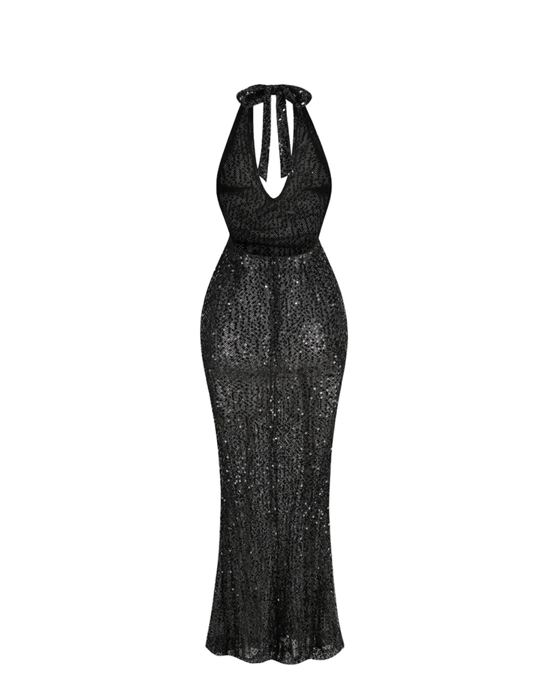 Sequined Backless Halter Maxi